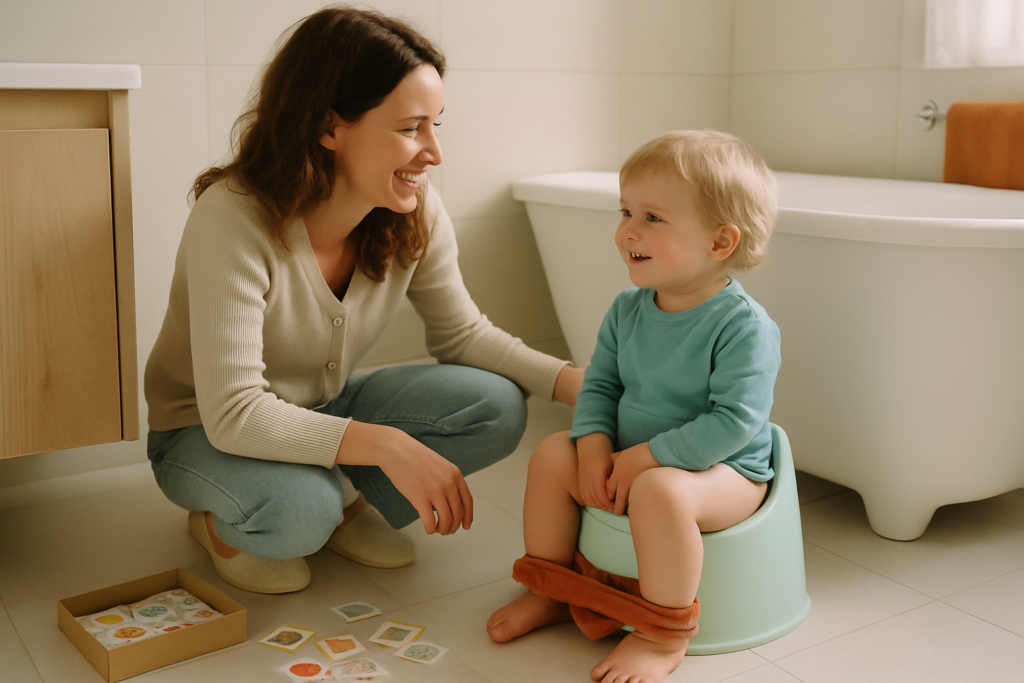 Mutter sitzt mit ihrem Kleinkind im Badezimmer neben einer geöffneten Töpfchentraining-Box mit Karten und Stickern