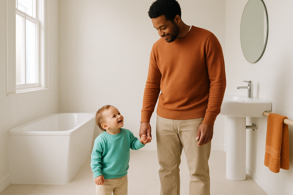 Ein Elternteil steht mit einem lächelnden Kleinkind an einem Waschbecken in einem hellen Badezimmer.