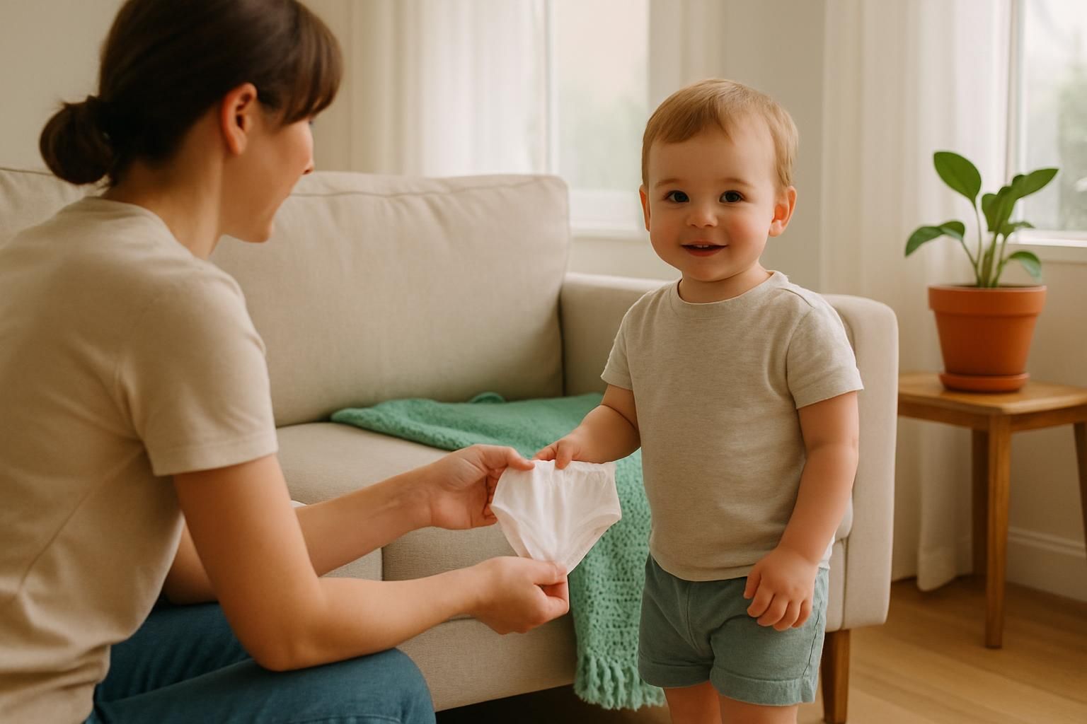 Ein Elternteil kniet im hellen Wohnzimmer und reicht einem Kleinkind eine Baumwollunterhose.