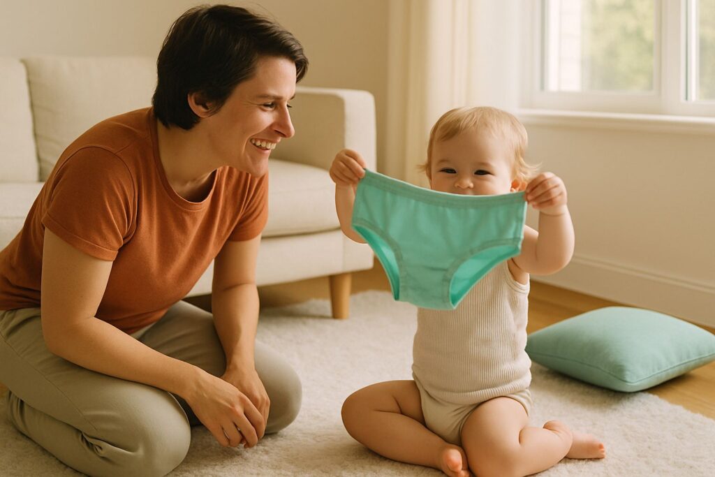 Ein Elternteil kniet lächelnd neben einem Kleinkind auf einem Teppich, während das Kind eine Unterhose in den Händen hält.