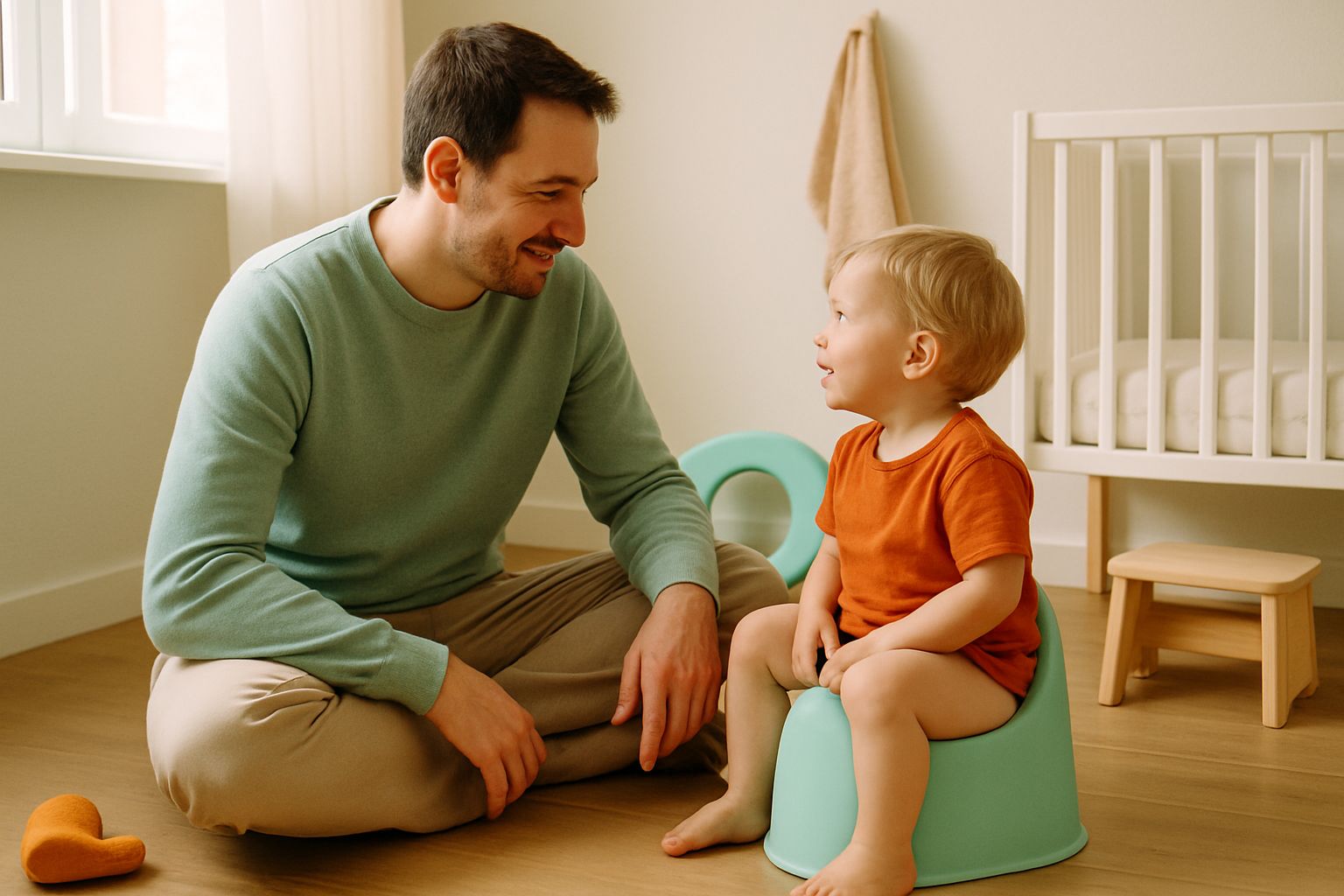 Ein Elternteil sitzt geduldig neben seinem Kind, das auf dem Töpfchen sitzt, während im Hintergrund ein Tritthocker und ein Sitzverkleinerer bereitstehen