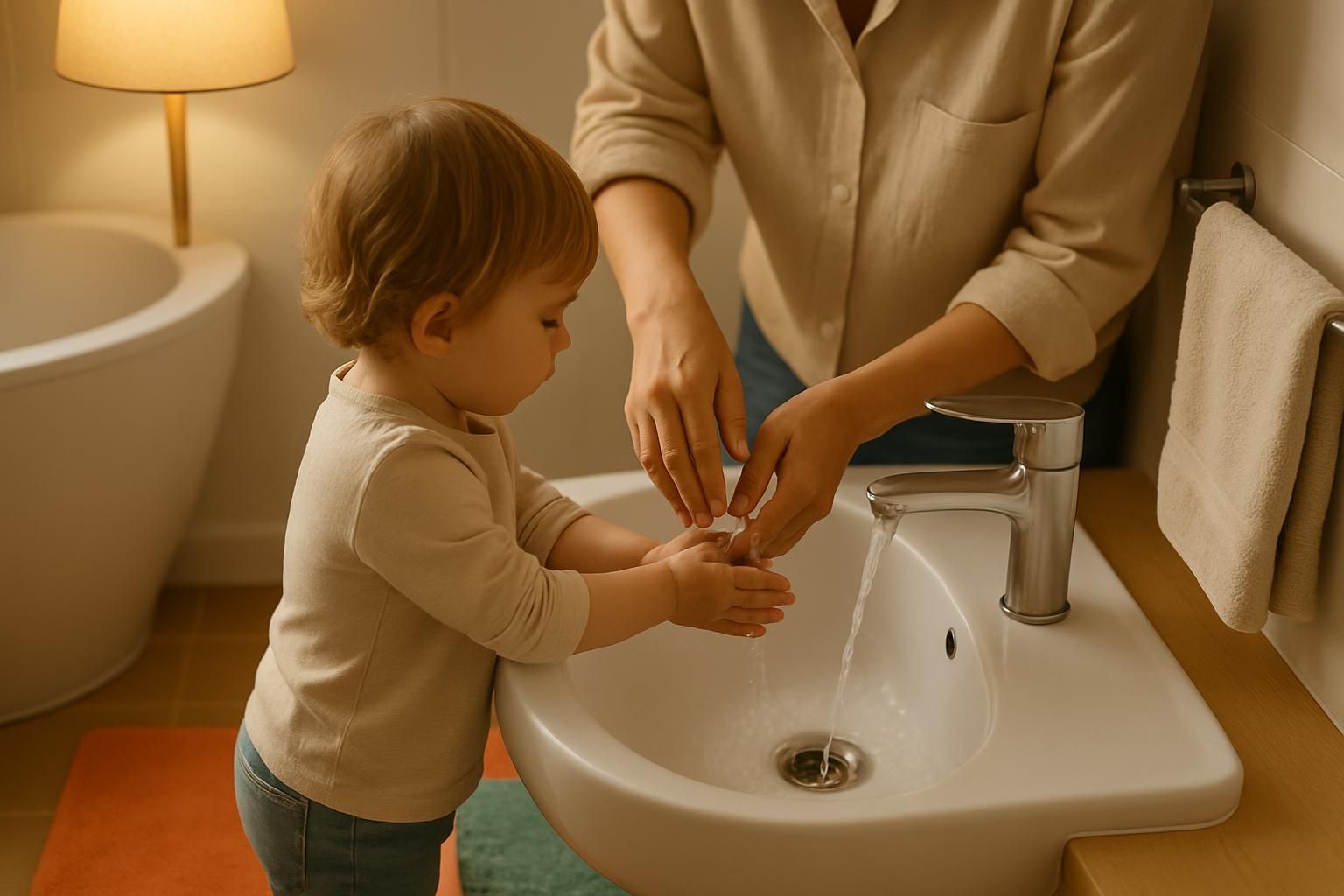 Eine Mutter steht mit ihrem Kleinkind in einem hellen Badezimmer, während das Kind auf einem Tritthocker am Waschbecken die Hände wäscht.