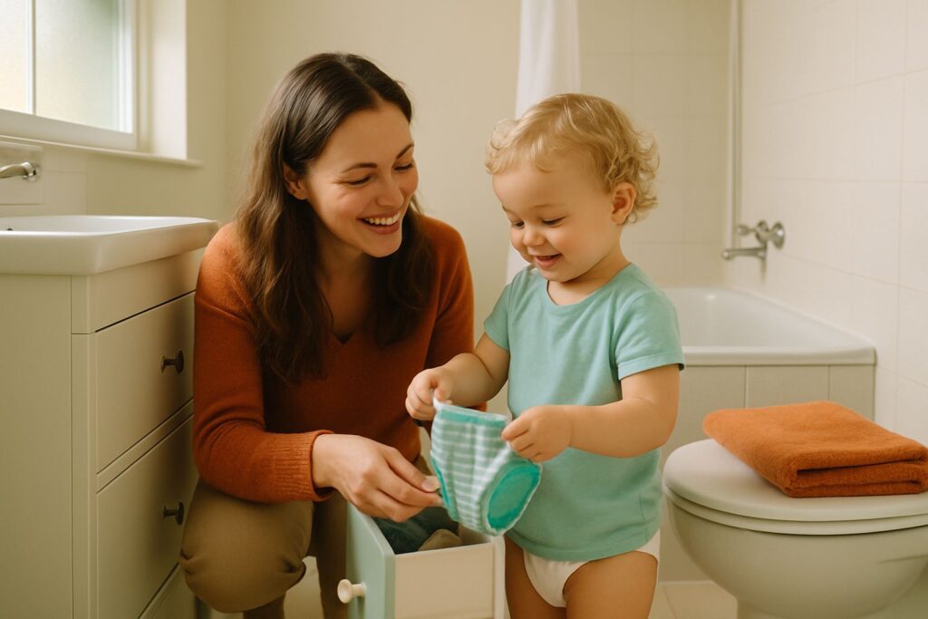Eine Mutter kniet neben ihrem Kleinkind im Badezimmer und hilft ihm, eine frische Unterhose aus einer Schublade auszusuchen.