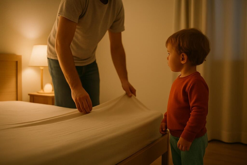 Ein Elternteil bezieht abends das Bett eines kleinen Kindes neu, während das Kind im Schlafanzug daneben steht.
