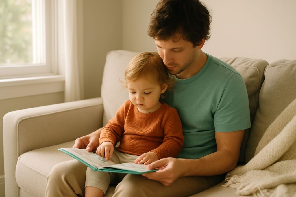 Ein Kleinkind sitzt auf dem Schoß eines Elternteils auf dem Sofa und schaut gemeinsam mit ihm in ein Bilderbuch.