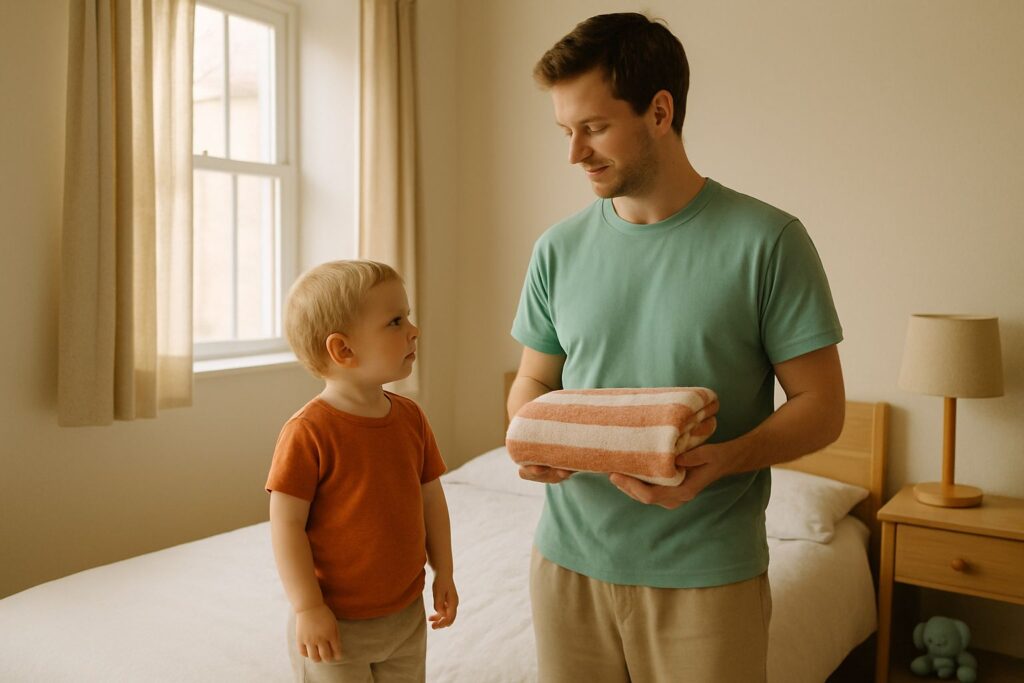 Ein Elternteil steht mit einem kleinen Kind neben einem gemachten Bett im Morgenlicht.