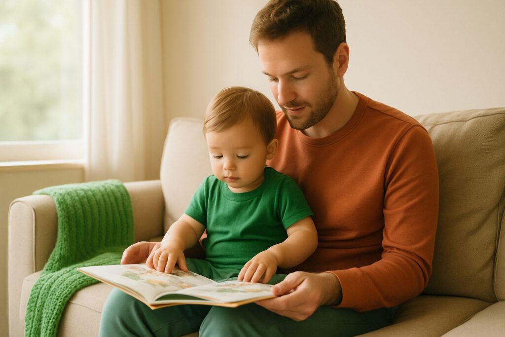 Ein Kleinkind sitzt auf dem Schoß eines Elternteils auf dem Sofa und schaut gemeinsam mit ihm in ein Bilderbuch.