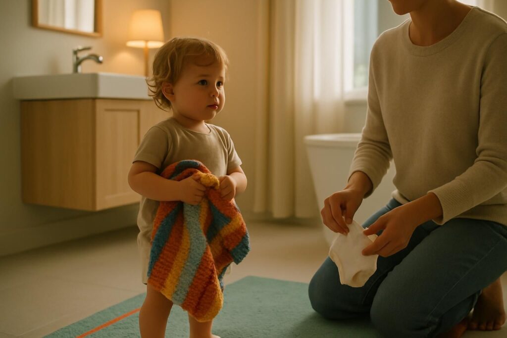 Ein Elternteil kniet auf einem Teppich im Wohnzimmer und faltet eine kleine Unterhose, während ein Kleinkind daneben steht.