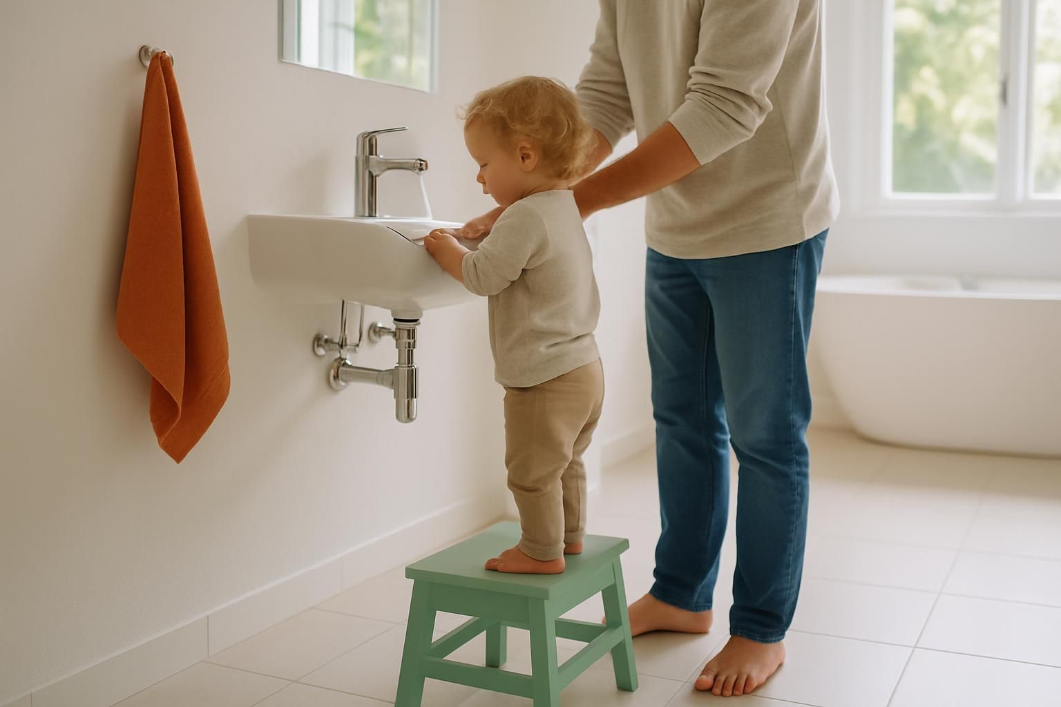 Ein Kleinkind steht auf einem Hocker am Waschbecken und wäscht sich gemeinsam mit einem Elternteil die Hände.