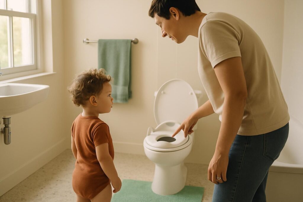 Ein Kleinkind steht neben einem Elternteil in einem hellen Badezimmer und schaut gemeinsam auf den Toilettensitz-Verkleinerer.