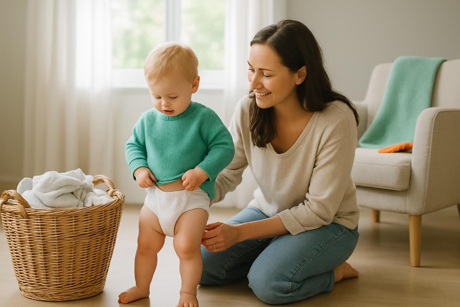 Eine Mutter kniet neben ihrem Kleinkind, das sich in einem hellen Wohnzimmer selbst die Unterhose anzieht.