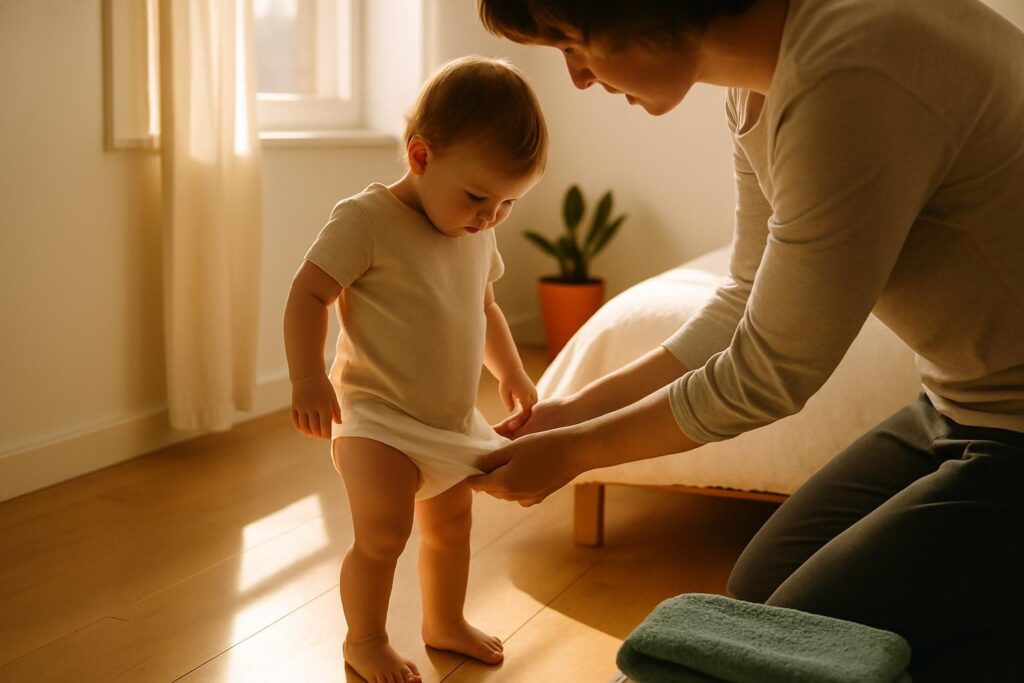 Eine Mutter hilft ihrem Kleinkind morgens im hellen Schlafzimmer beim Anziehen der Baumwollunterhose.