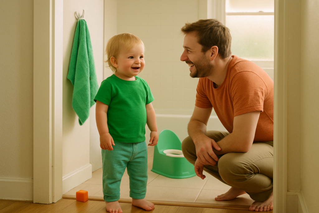 A toddler stands smiling in a bathroom doorway while a parent crouches beside them, both in natural daylight.