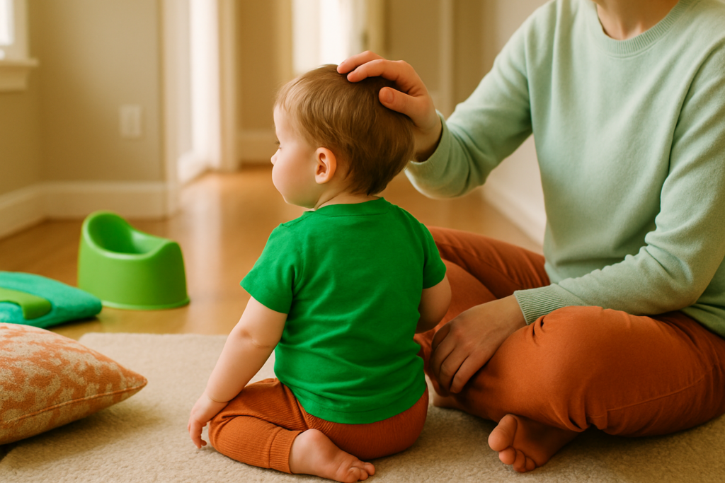 A parent sits with a toddler on a living room rug in soft daylight, the child looking towards a doorway.