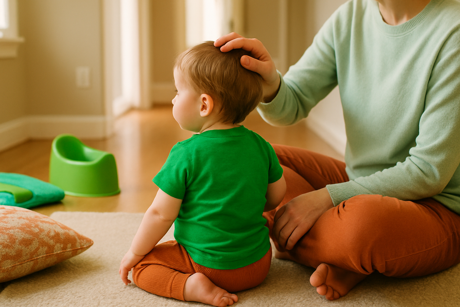 A parent sits with a toddler on a living room rug in soft daylight, the child looking towards a doorway.