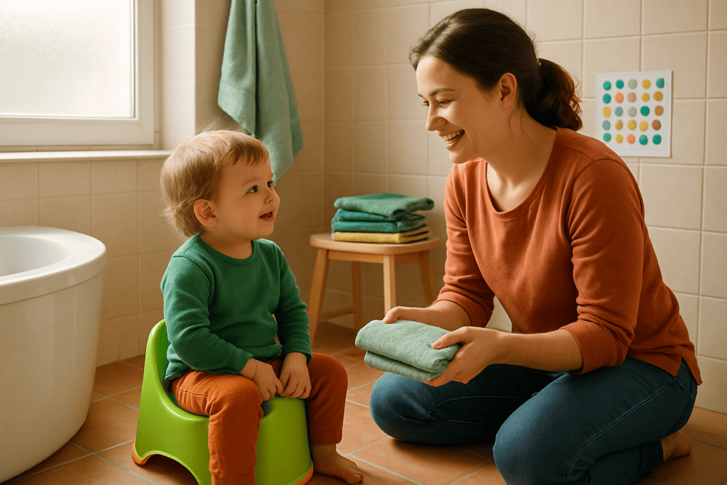 A toddler sits on a potty in a bathroom while a parent kneels nearby holding a towel and smiling.