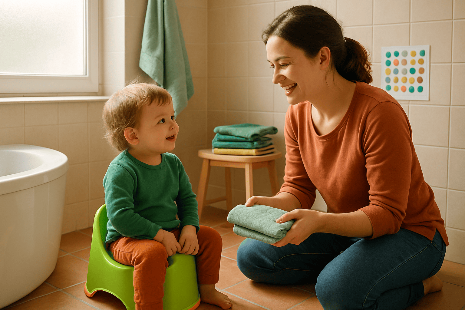 A toddler sits on a potty in a bathroom while a parent kneels nearby holding a towel and smiling.
