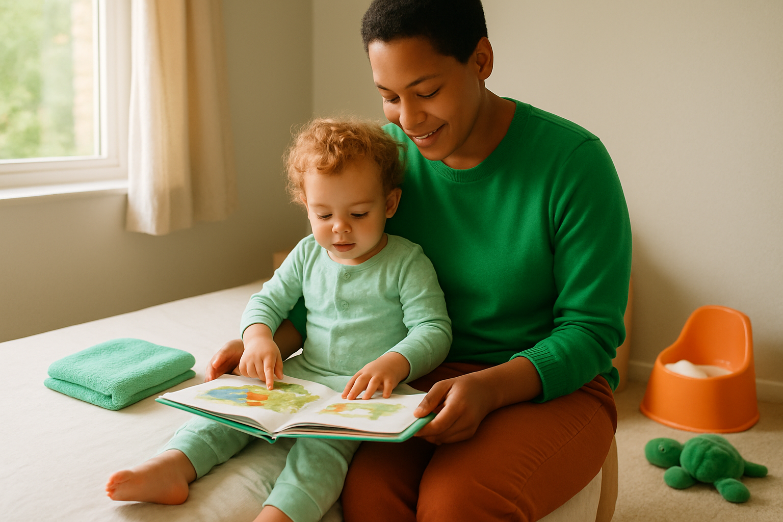 A parent sits on a bed reading a picture book with a toddler in pyjamas in a softly lit bedroom.