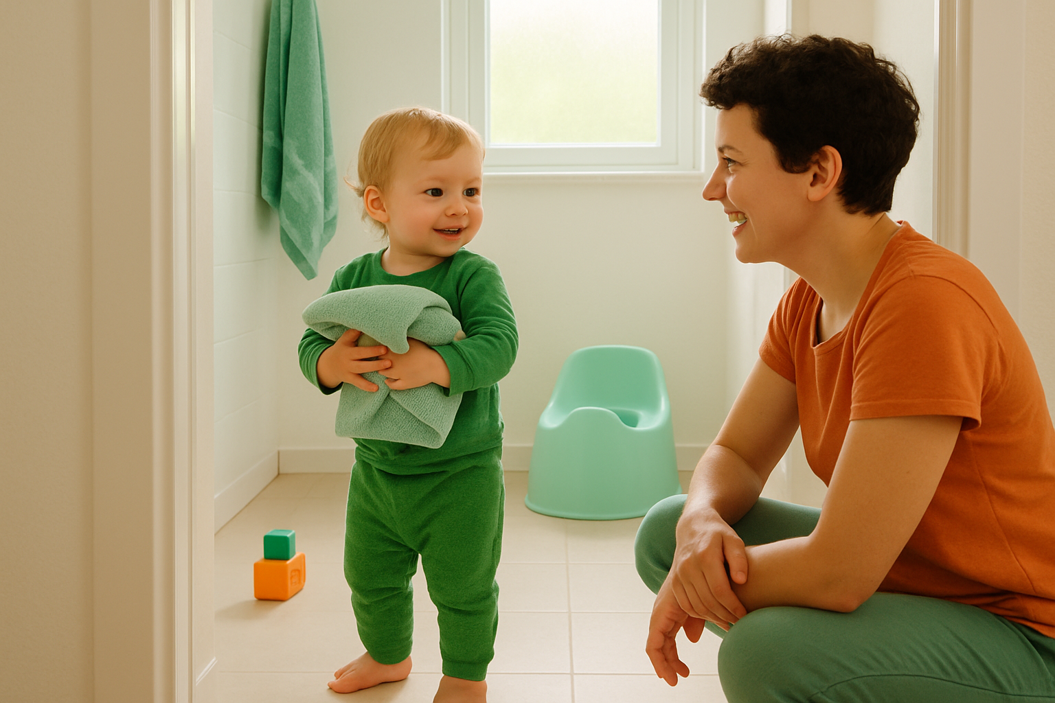 A toddler holding a folded towel stands in a bathroom doorway smiling back at a parent crouched beside them.