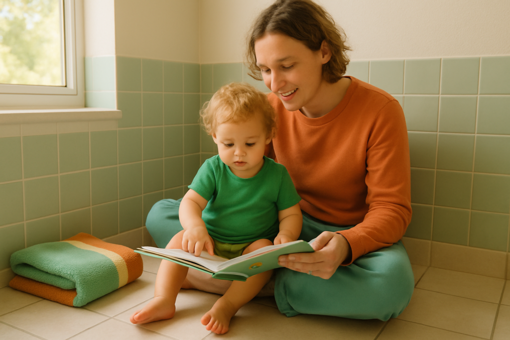 A parent and toddler sitting together on a bathroom floor reading a book in soft natural light.