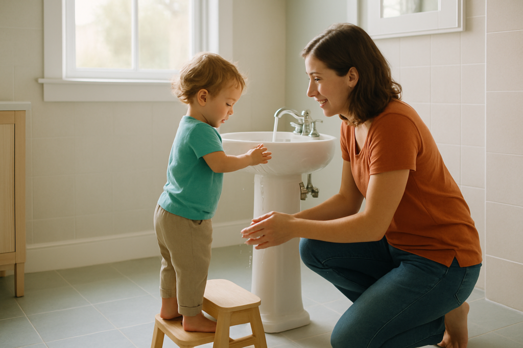 A toddler stands on a step stool washing their hands at a bathroom sink while a parent kneels beside them.