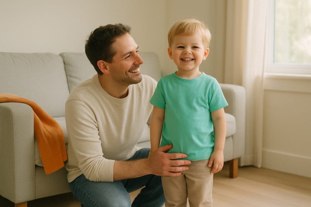 A parent kneels beside a smiling three year old standing in a bright living room.