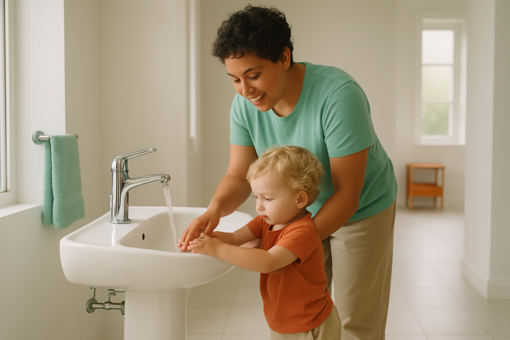 A parent and toddler standing together at a bathroom sink, washing their hands under running water in a bright, spacious bathroom.