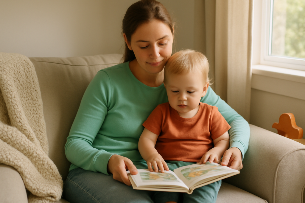 A parent and toddler sitting together on a sofa reading a picture book in a softly lit living room.