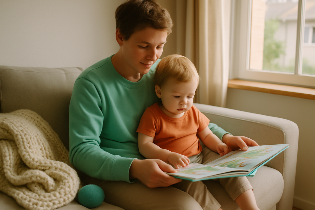 A parent and toddler sitting together on a sofa reading a picture book in a softly lit living room.