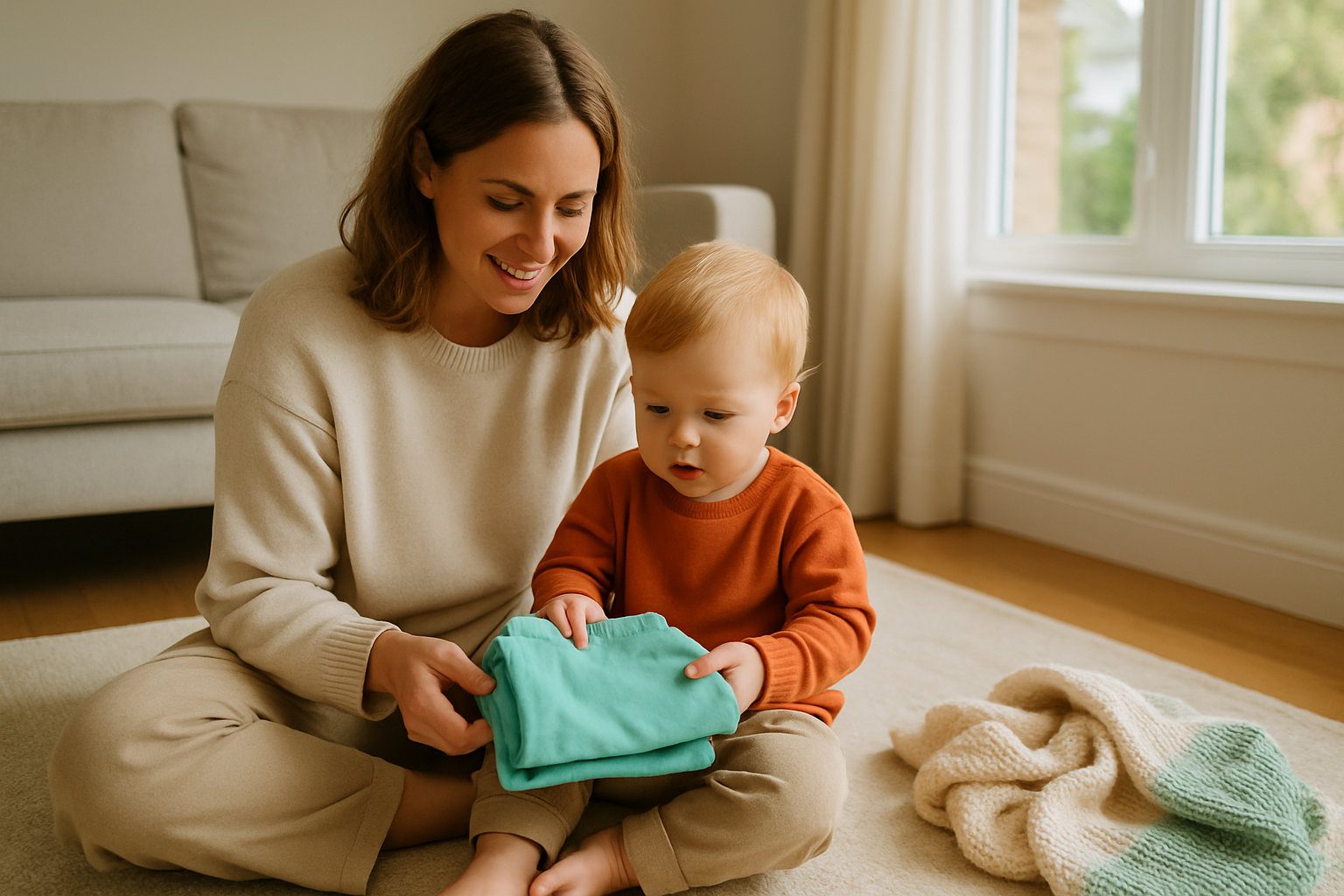 A parent and toddler sitting together on a living room rug looking at a small pile of folded cotton pants in soft natural light.