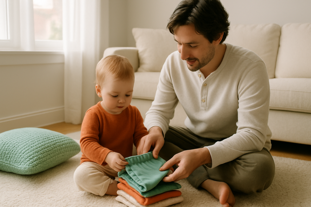 A parent and toddler sitting on a living room rug together, looking at a small stack of folded cotton pants.