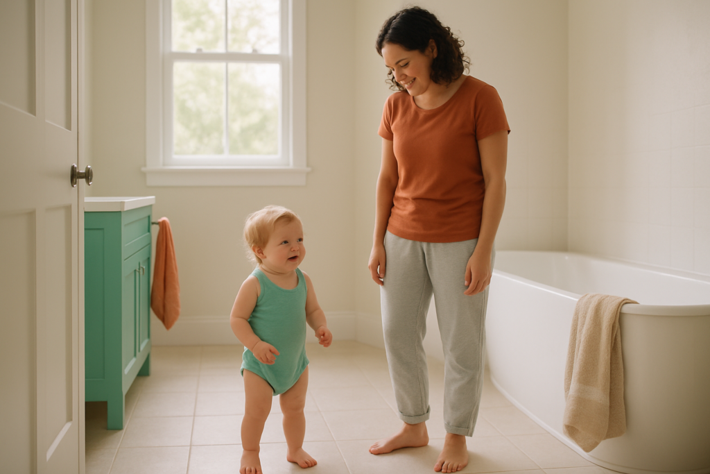 A parent and toddler standing together in a bright bathroom, the parent smiling down at the child.