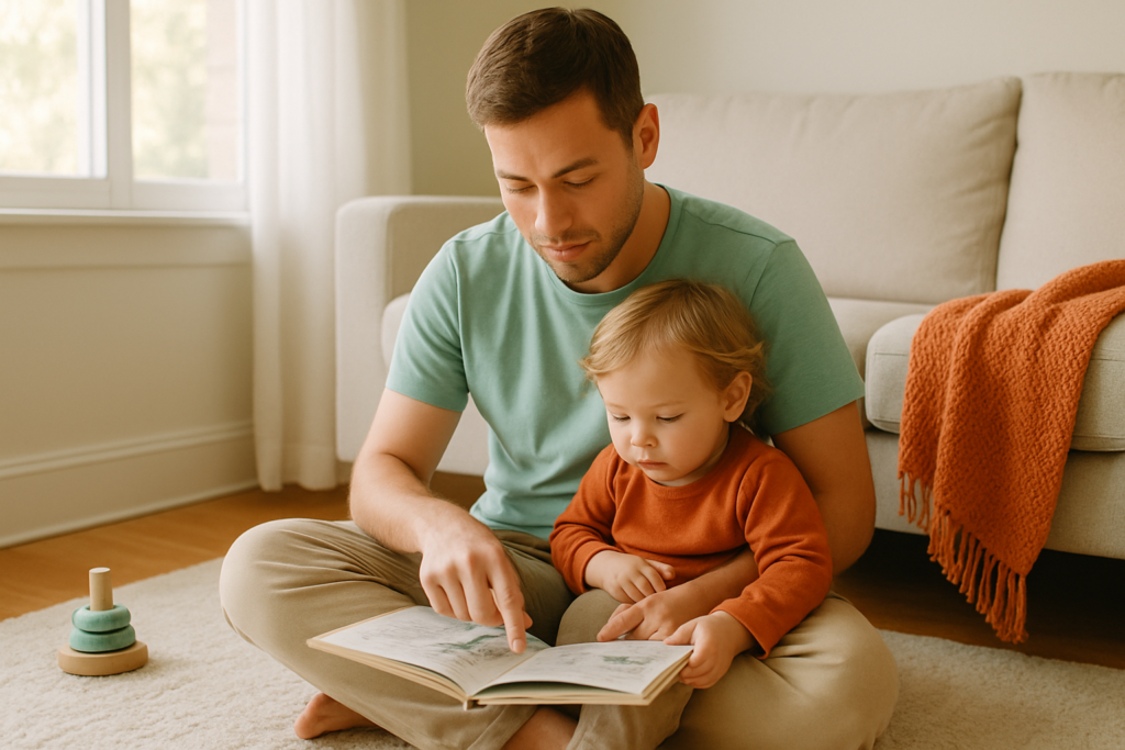 A parent and a young child sit together on a living room rug, quietly looking through a picture book by soft window light.