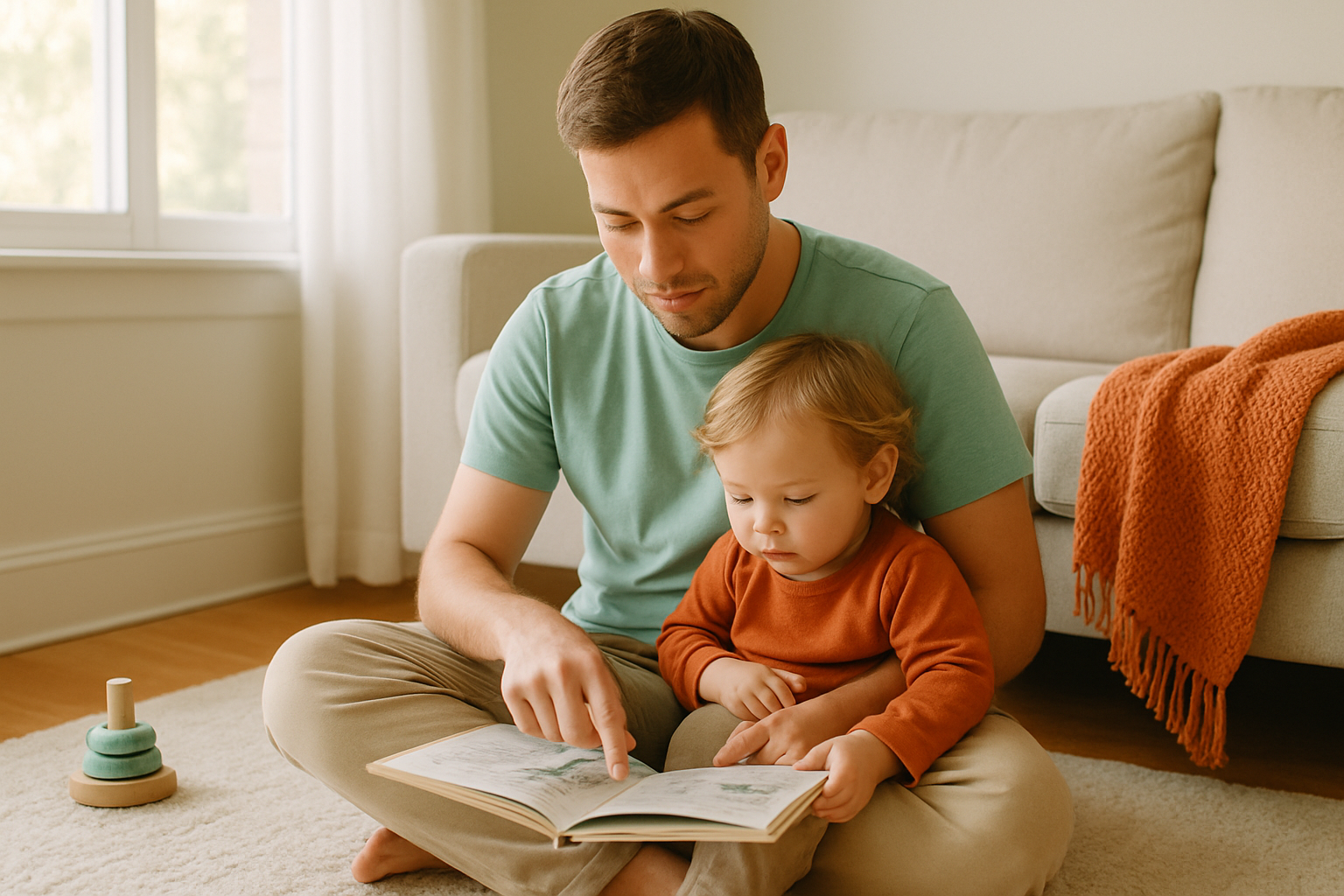 A parent and a young child sit together on a living room rug, quietly looking through a picture book by soft window light.