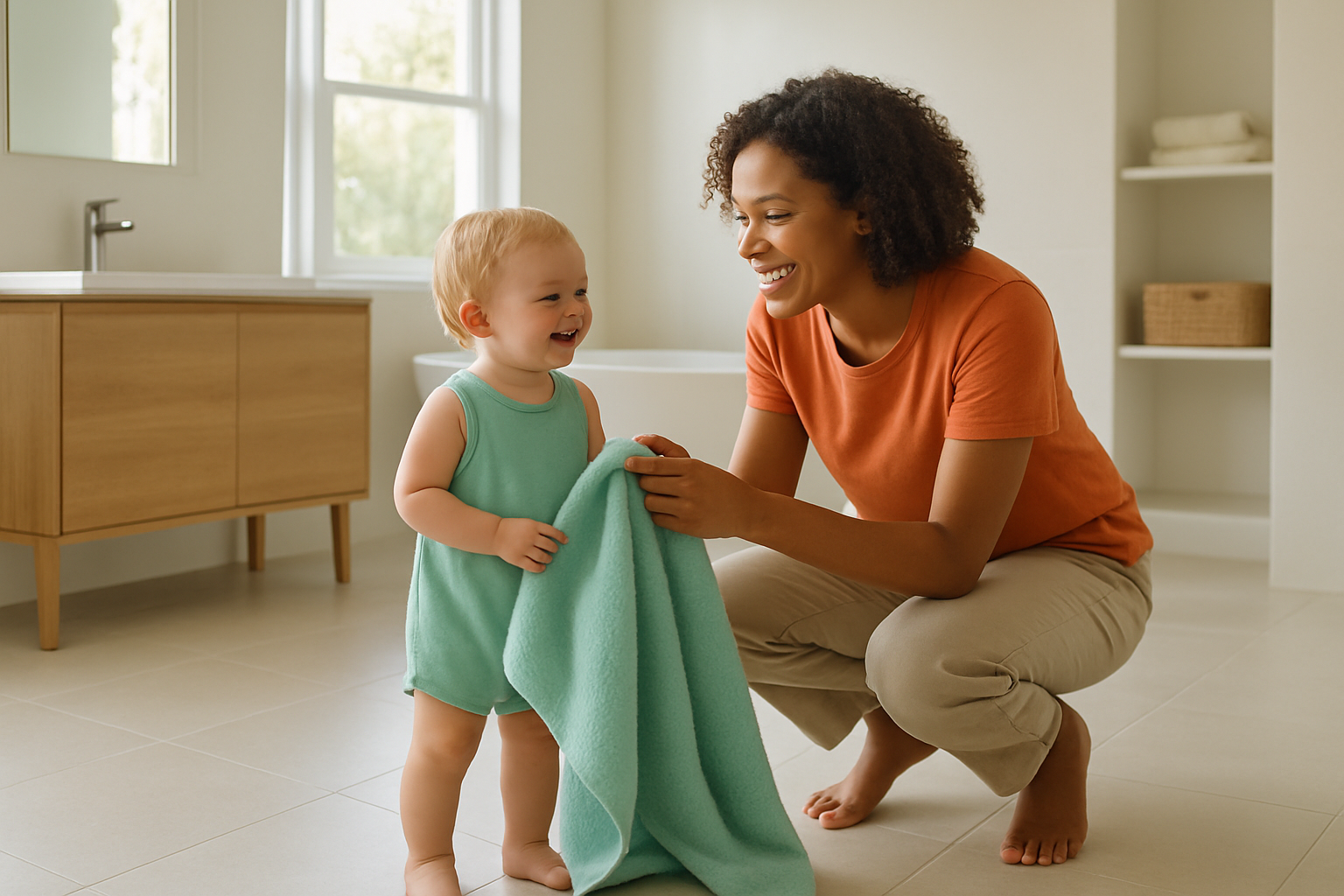 A parent kneels beside a toddler in a bright, spacious bathroom, holding a towel and smiling together.