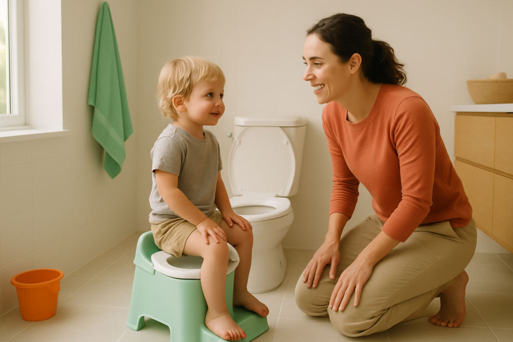 Toddler sitting on a step stool next to a toilet with a seat reducer while a parent smiles beside them