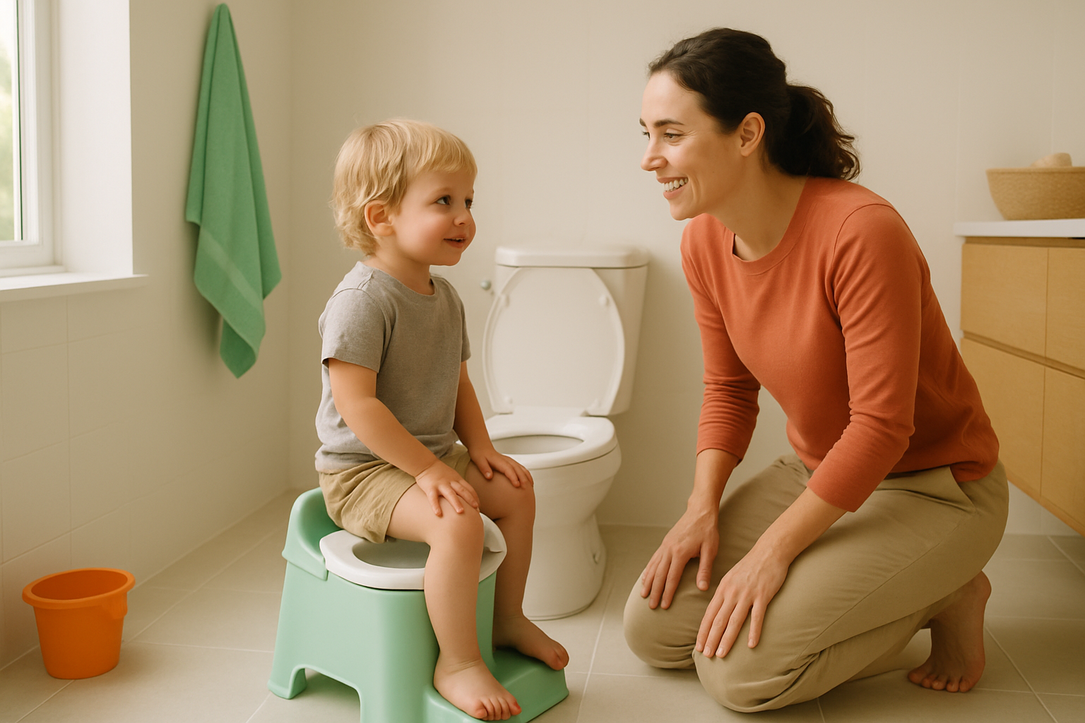 Toddler sitting on a step stool next to a toilet with a seat reducer while a parent smiles beside them