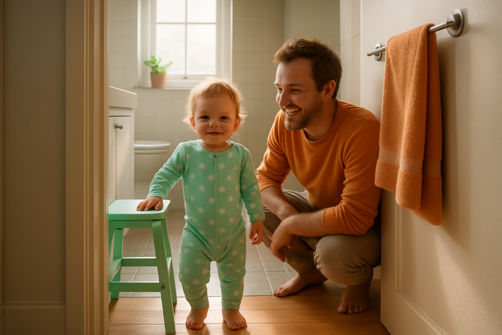 A toddler stands proudly by a step stool in a bathroom doorway while a parent smiles nearby.