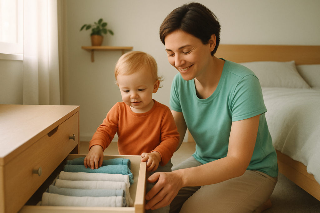 A parent and toddler kneeling together beside an open drawer of folded cotton pants in a bright bedroom.