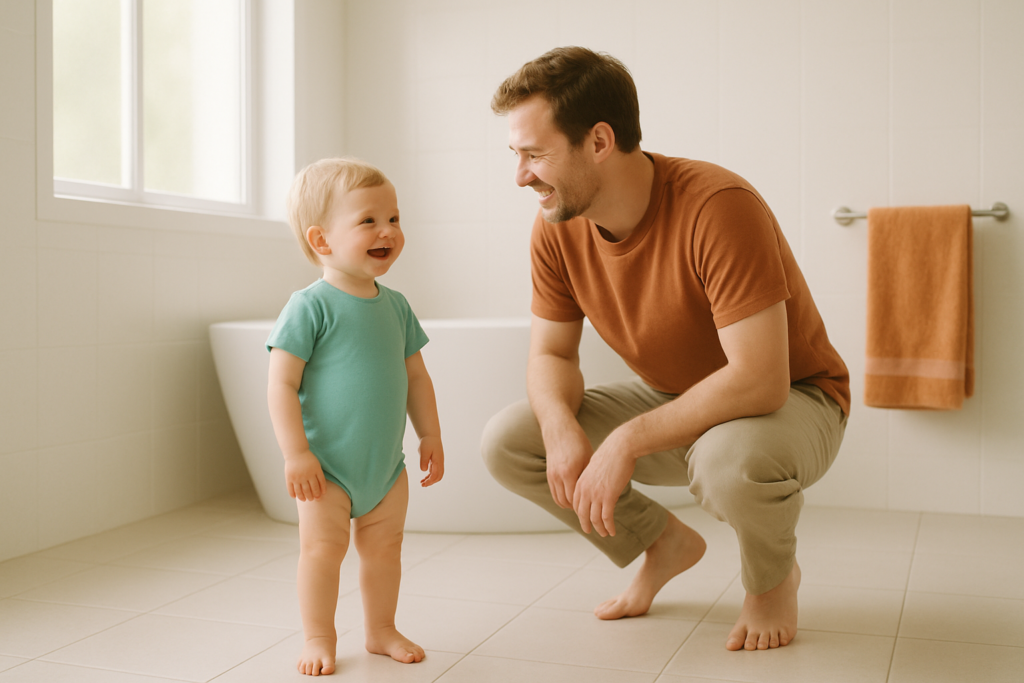 A parent crouches beside a toddler in a bright, spacious bathroom, both smiling, with a folded towel hanging on a rail nearby.