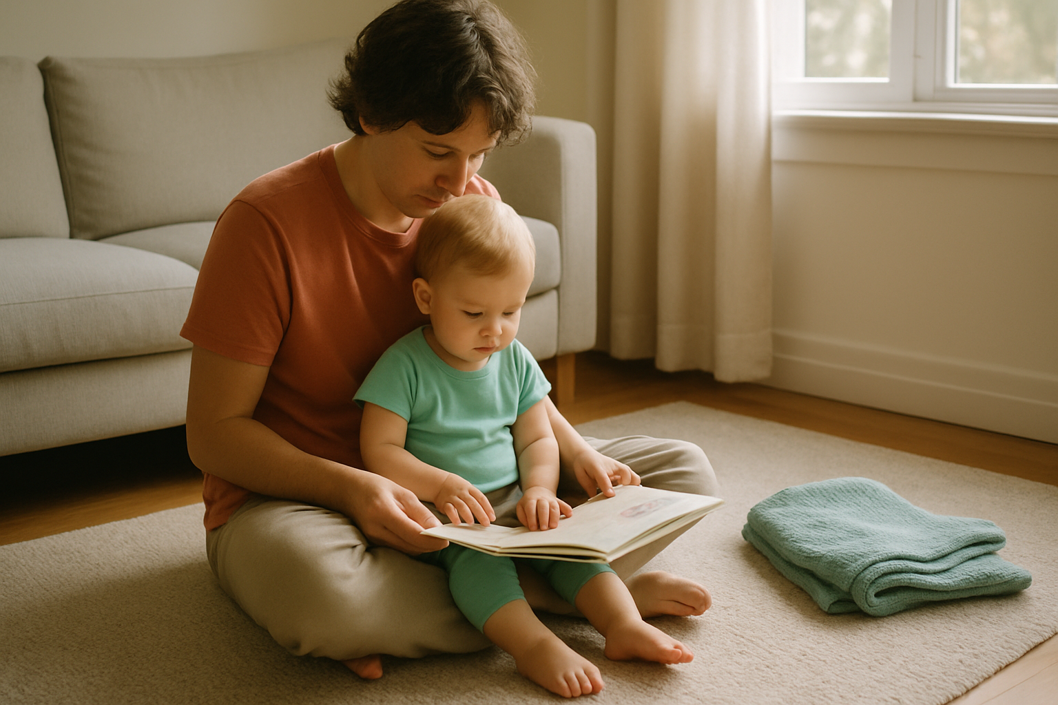 A parent and toddler sitting together on a rug reading a picture book in a calm, sunlit living room.