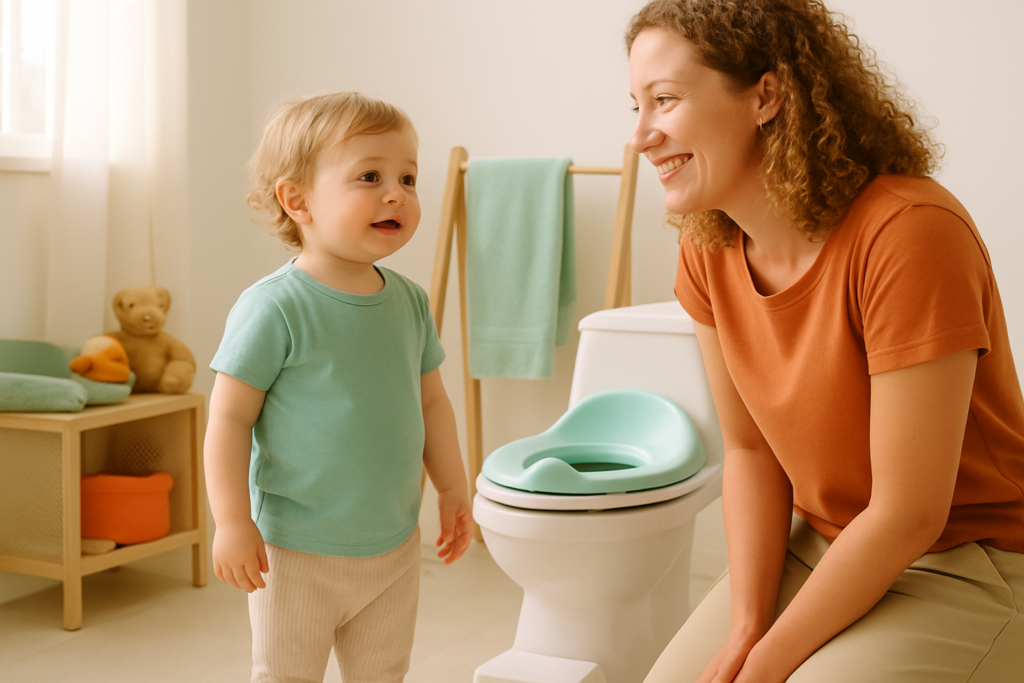 Toddler using a toilet with a seat reducer and step stool at nursery, with a staff member nearby