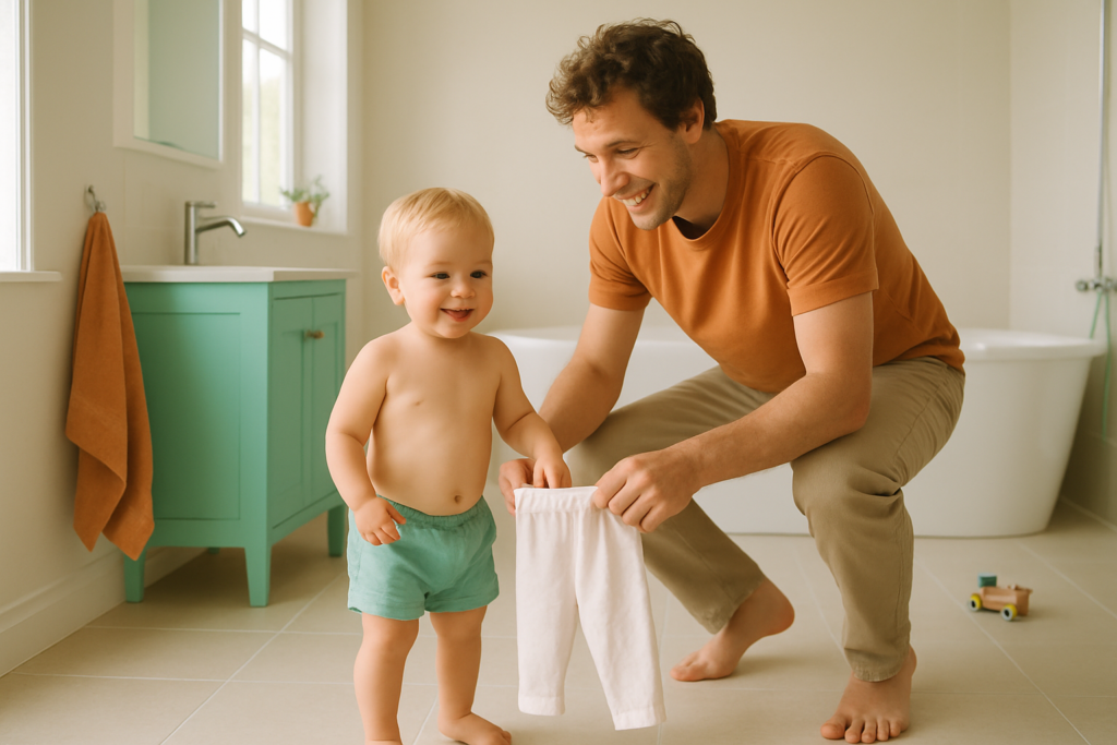 A parent crouching beside a toddler in a bright bathroom, helping them hold a pair of plain cotton pants.
