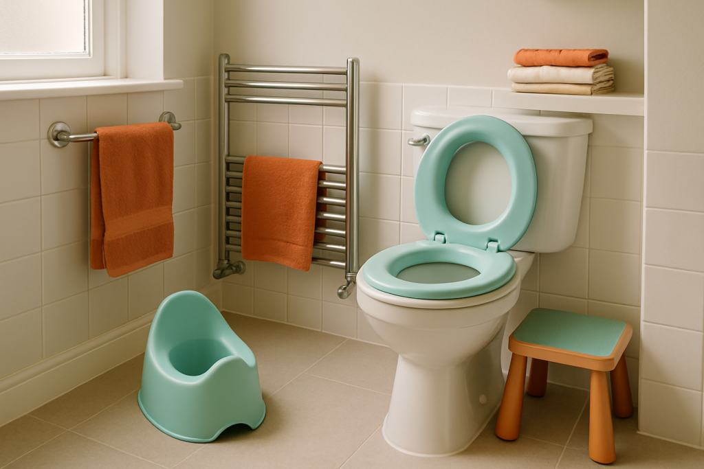 A potty, toilet seat reducer, step stool and folded pants laid out as basic potty training essentials