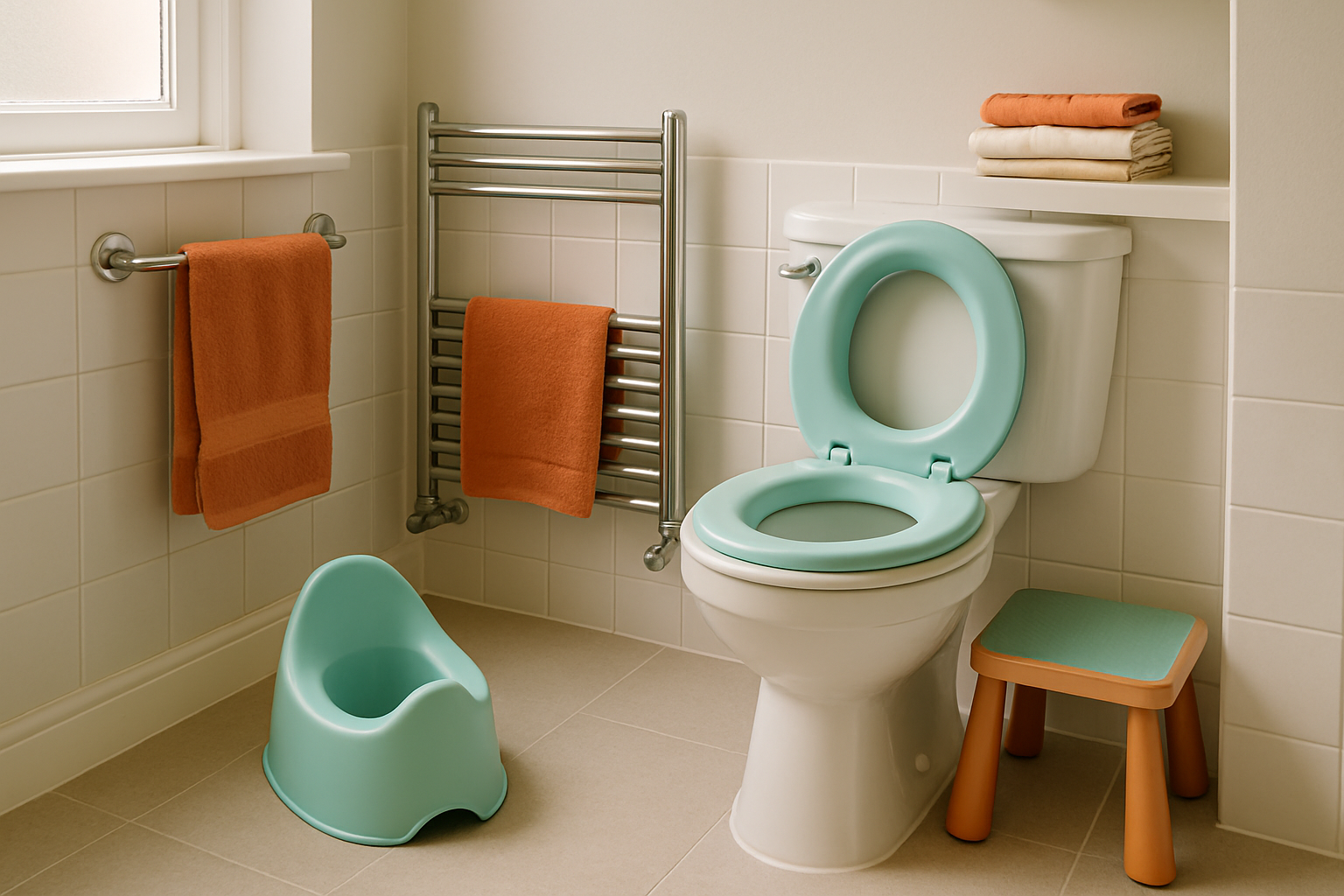 A potty, toilet seat reducer, step stool and folded pants laid out as basic potty training essentials