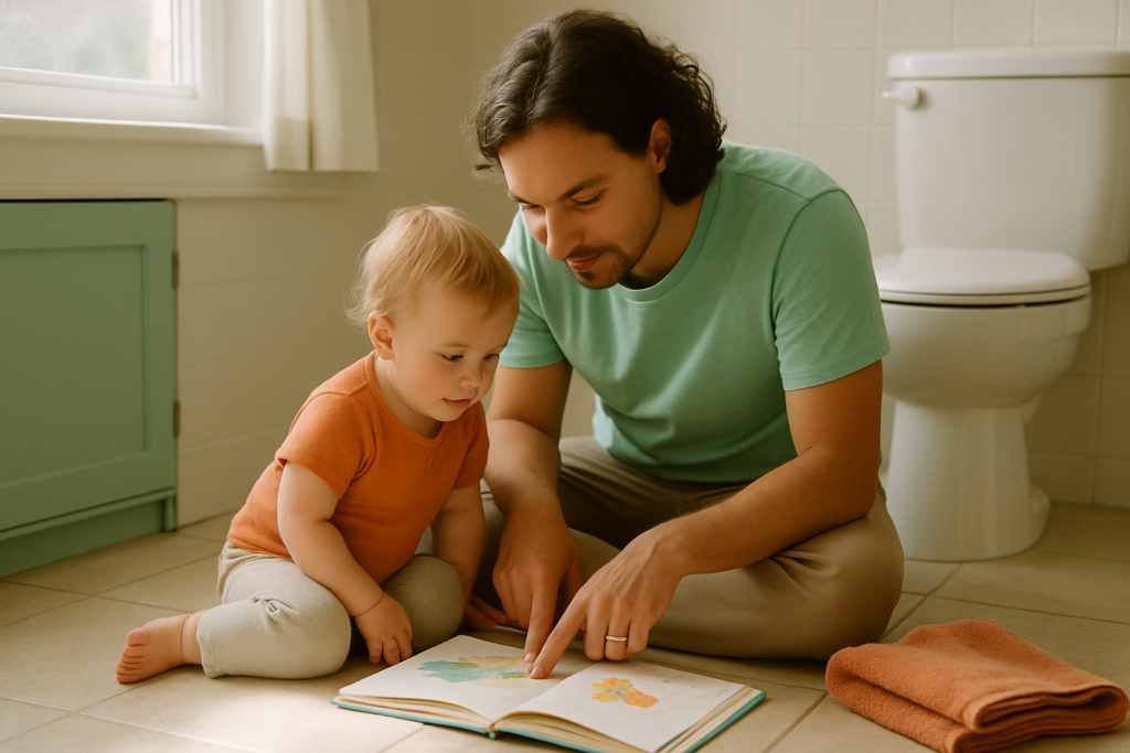 A parent and toddler sitting together on a bathroom floor reading a picture book, with a folded towel beside them.