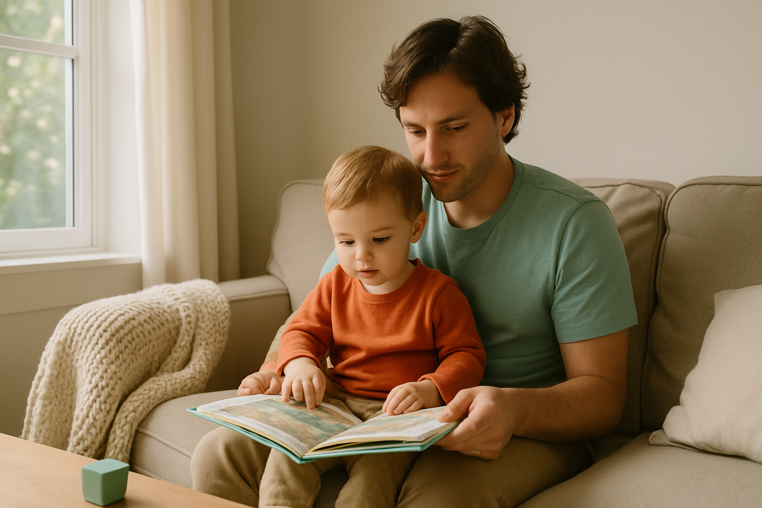 A parent and toddler sitting together on a sofa looking at a picture book in a bright living room.