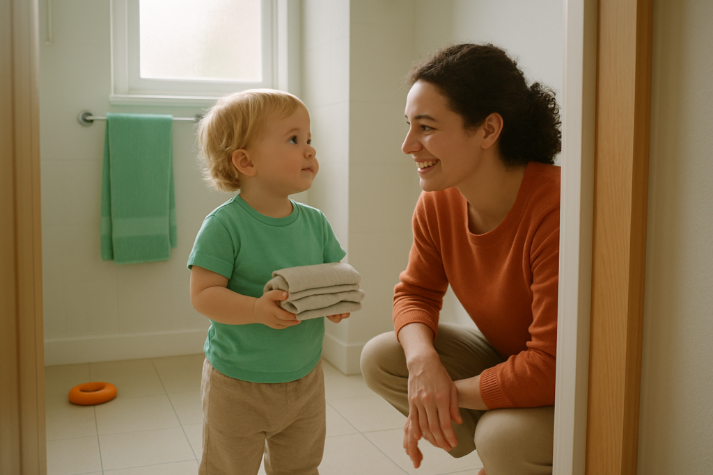 A toddler holds a small stack of folded cotton pants while looking up at a smiling parent crouched beside them in a bathroom doorway.