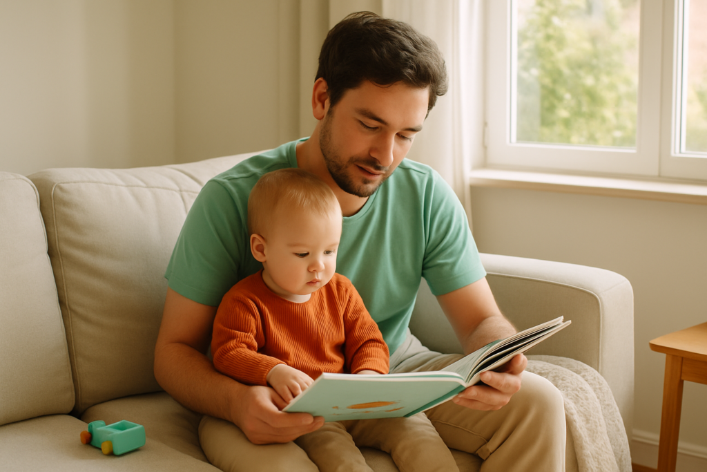 A parent and toddler sitting together on a sofa reading a picture book in natural light.