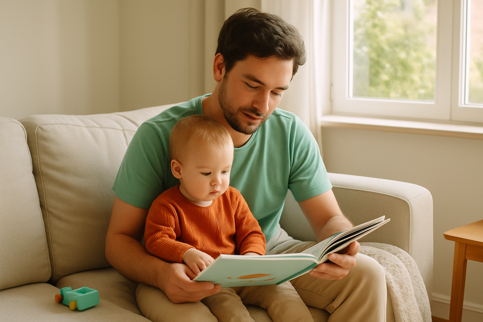 A parent and toddler sitting together on a sofa reading a picture book in natural light.